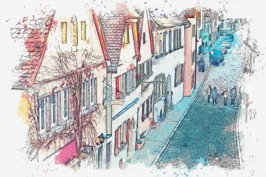 Bir suluboya kroki veya Rothenburg ob der Tauber Almanya'da güzel bir sokakta çizimi.