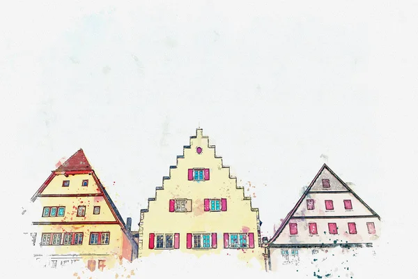 德国罗腾堡陶伯一条美丽街道的水彩素描或插图. — 图库照片