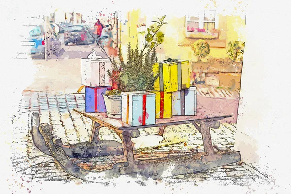 Un boceto de acuarela o ilustración de decoraciones navideñas callejeras . —  Fotos de Stock