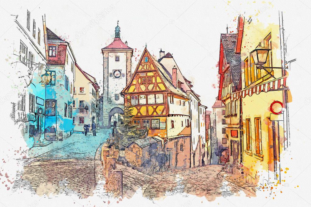 A watercolor sketch or illustration of a beautiful street in Rothenburg ob der Tauber in Germany