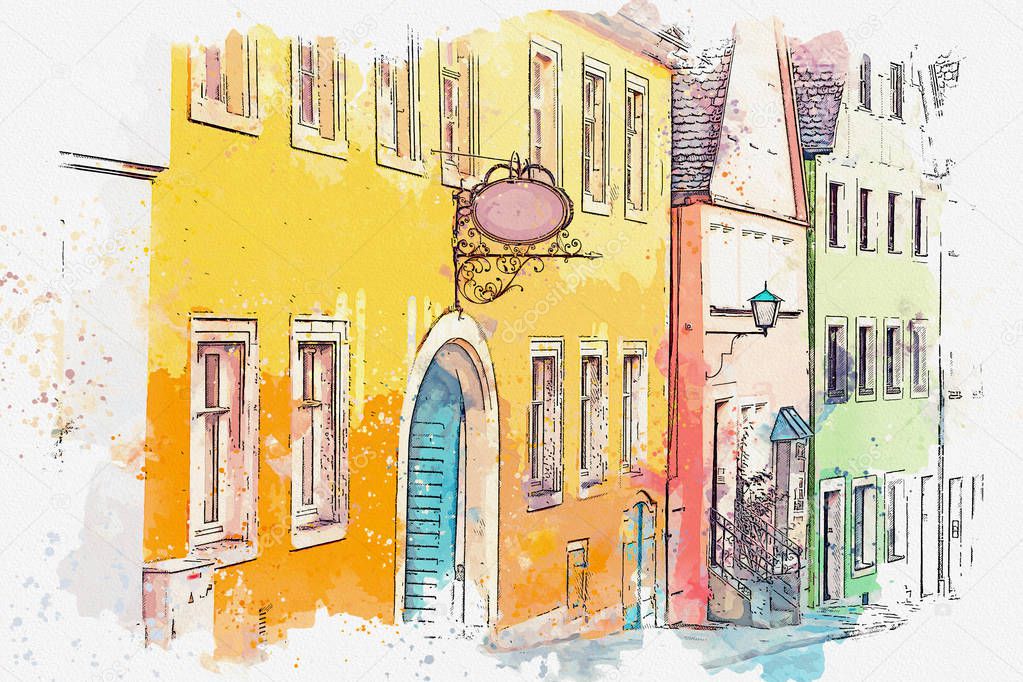 A watercolor sketch or illustration of a beautiful street in Rothenburg ob der Tauber in Germany.