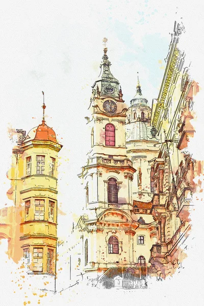 Ilustracja. Widok z boku kościoła św Mikołaja w Pradze. — Zdjęcie stockowe