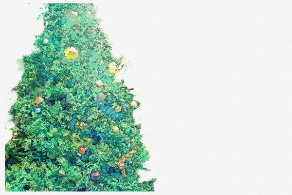 Aquarellskizze oder Illustration eines mit verschiedenen Kugeln und Girlanden geschmückten Weihnachtsbaums. — Stockfoto
