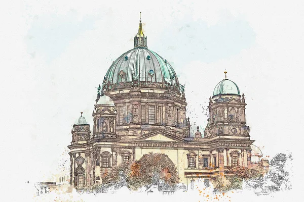 Акварельный эскиз или иллюстрация Берлинского собора под названием Berliner Dom. Берлин, Германия . — стоковое фото