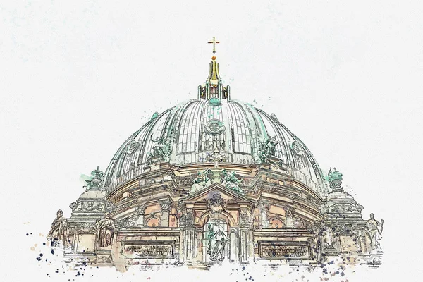 Szkic akwarela czy ilustracja katedra Berlińska o nazwie Berliner Dom. Berlin, Niemcy. — Zdjęcie stockowe