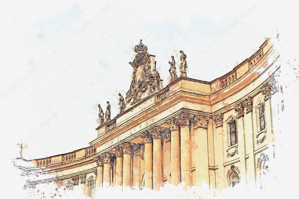 A watercolor sketch or illustration of the Humboldt University. Berlin, Germany.