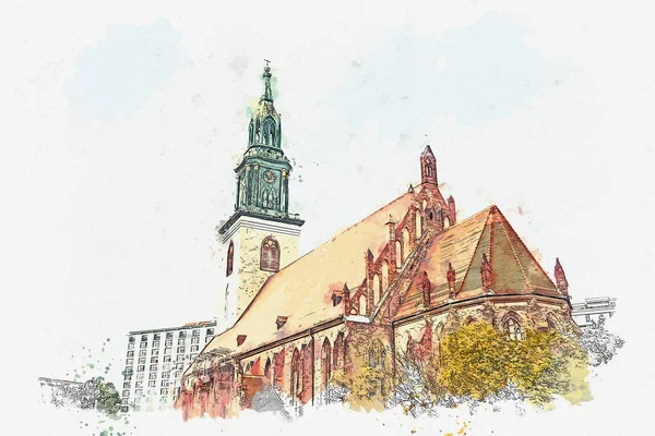 A watercolor sketch or illustration of the Church of St. Mary in Berlin — Stock Photo, Image