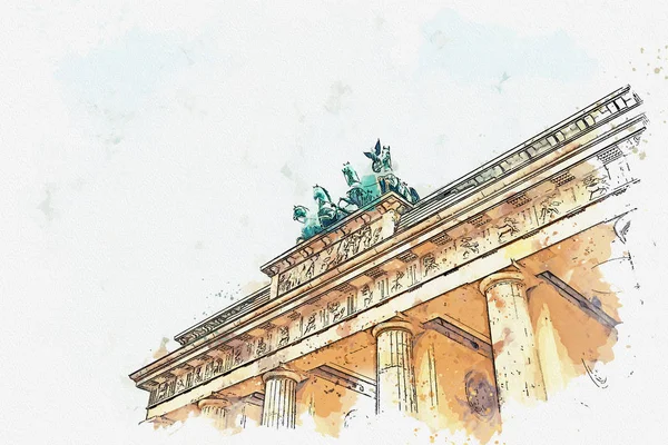 Szkic akwarela czy ilustracja Bramy Brandenburskiej w Berlinie, Niemcy. — Zdjęcie stockowe