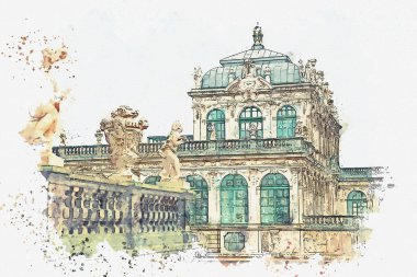 Bir suluboya kroki veya illüstrasyon. Almanya'da Dresden Zwinger