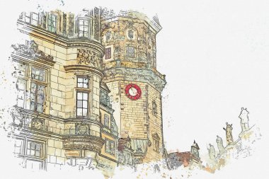 Bir suluboya kroki veya illüstrasyon. Antik mimari kompleks kısmına Kraliyet Sarayı deniyor. Dresden, Almanya.