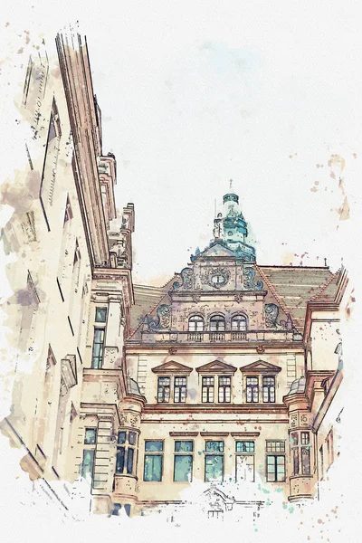 水彩素描或插图。古代建筑建筑群的一部分叫做皇宫。德累斯顿, 德国. — 图库照片