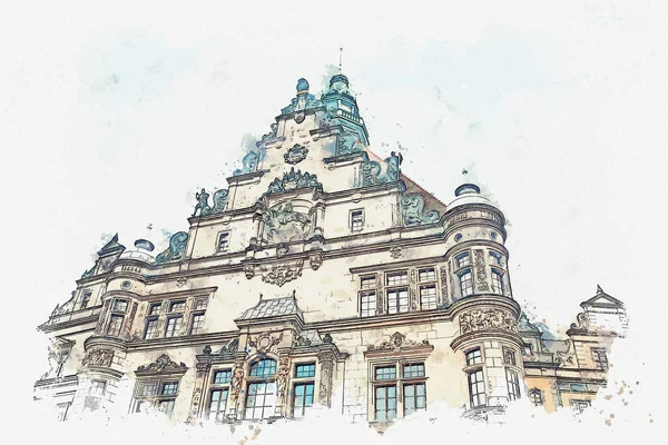 A watercolor sketch or illustration. Part of the ancient architectural complex called the Royal Palace. Dresden, Germany. — Stock Photo, Image