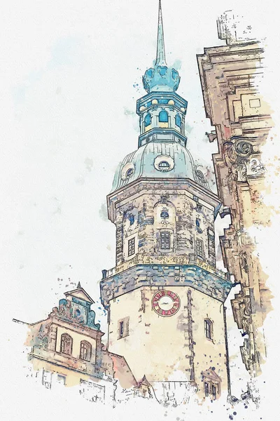 En akvarell skiss eller illustration. Tornet av Gaussmann i Dresden i Tyskland — Stockfoto