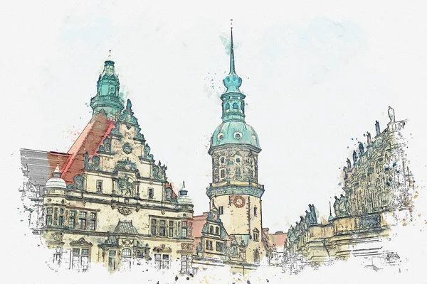 A watercolor sketch or illustration. The Royal Palace and the Tower of Gaussmann in Dresden in Germany. — Stock Photo, Image