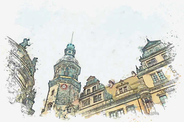 水彩素描或插图。皇家宫殿和 Gaussmann 塔在德累斯顿在德国. — 图库照片