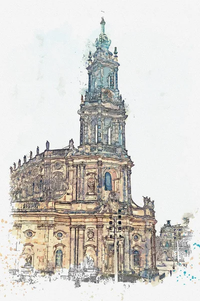 Акварельный набросок или иллюстрация. Католический собор Дрездена на городской площади. Германия . — стоковое фото