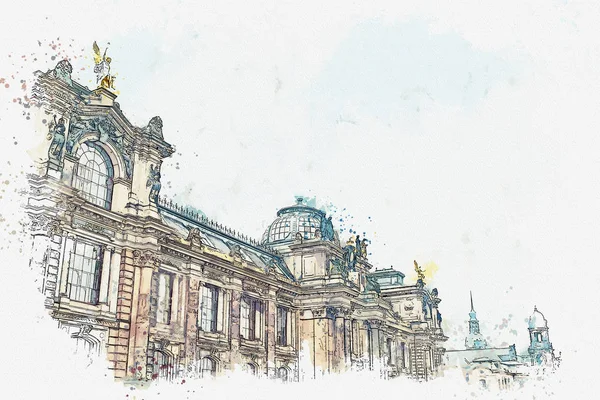 Un boceto de acuarela o ilustración. Palacio Albertinum o una galería de nuevos maestros o una galería de arte en Dresde en Alemania . — Foto de Stock