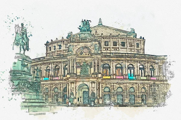 Um esboço aquarela ou ilustração. Semper Opera em Dresden, na Alemanha — Fotografia de Stock