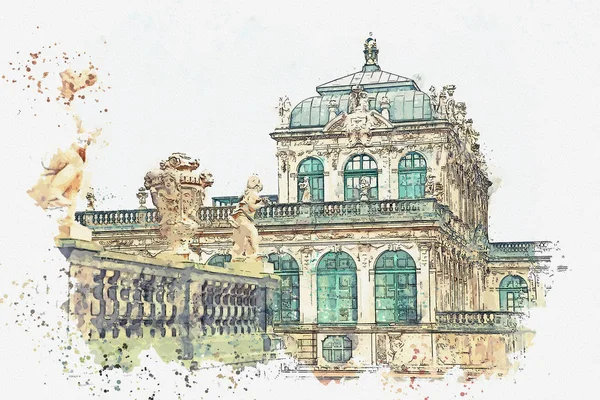 En akvarell skiss eller illustration. Zwinger i Dresden i Tyskland — Stockfoto