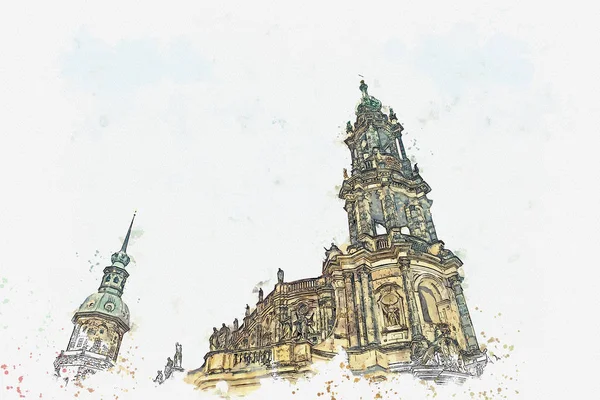 Акварельный набросок или иллюстрация. Католический собор Дрездена на городской площади. Германия . — стоковое фото