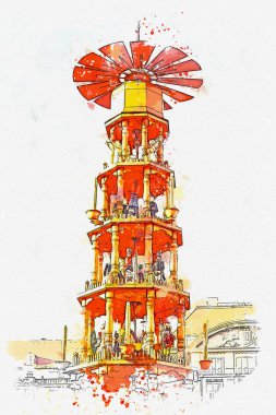 Bir suluboya kroki veya illüstrasyon. Noel pazarı. Dresden, Almanya