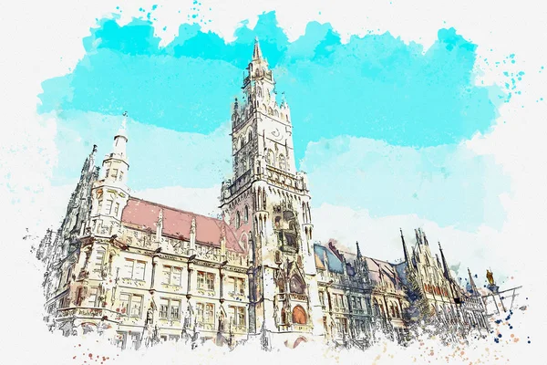 Egy akvarell Vázlat vagy ábra. Városháza a Marienplatz a müncheni tér. — Stock Fotó