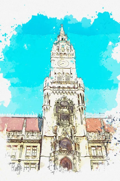 En akvarell skiss eller illustration. Town Hall Marienplatz i Münchens centrala torg. — Stockfoto