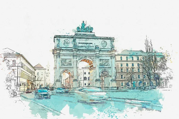 En akvarell skiss eller illustration. Victory Gate triumfbåge Siegestor i München. — Stockfoto