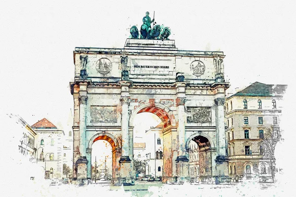 Een aquarel schets of illustratie. Overwinning Gate triomfboog Siegestor in München. — Stockfoto
