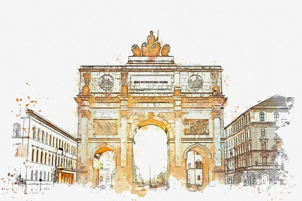 Eine aquarellierte Skizze oder Illustration. Siegtor Triumphbogen siegestor in München. — Stockfoto