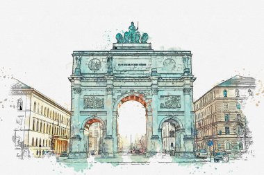 A watercolor sketch or illustration. Victory Gate triumphal arch Siegestor in Munich. clipart