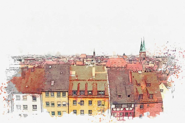 Акварельный набросок или иллюстрация. Панорамный вид на город. Нюрнберг, Германия . — стоковое фото