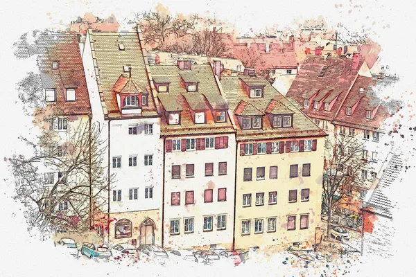 水彩素描或插图。美丽的全景城市景色。纽伦堡, 德国. — 图库照片