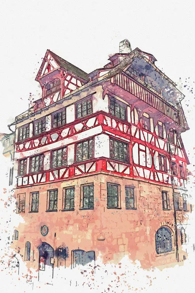 Акварельный набросок или иллюстрация традиционной немецкой архитектуры в Нюрнберге в Германии — стоковое фото