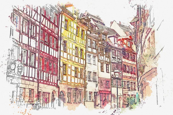 Eine aquarellierte Skizze oder eine Illustration traditioneller deutscher Architektur in Nürnberg — Stockfoto