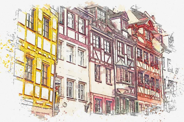 Um esboço aquarela ou uma ilustração da arquitetura tradicional alemã em Nuremberga, na Alemanha — Fotografia de Stock