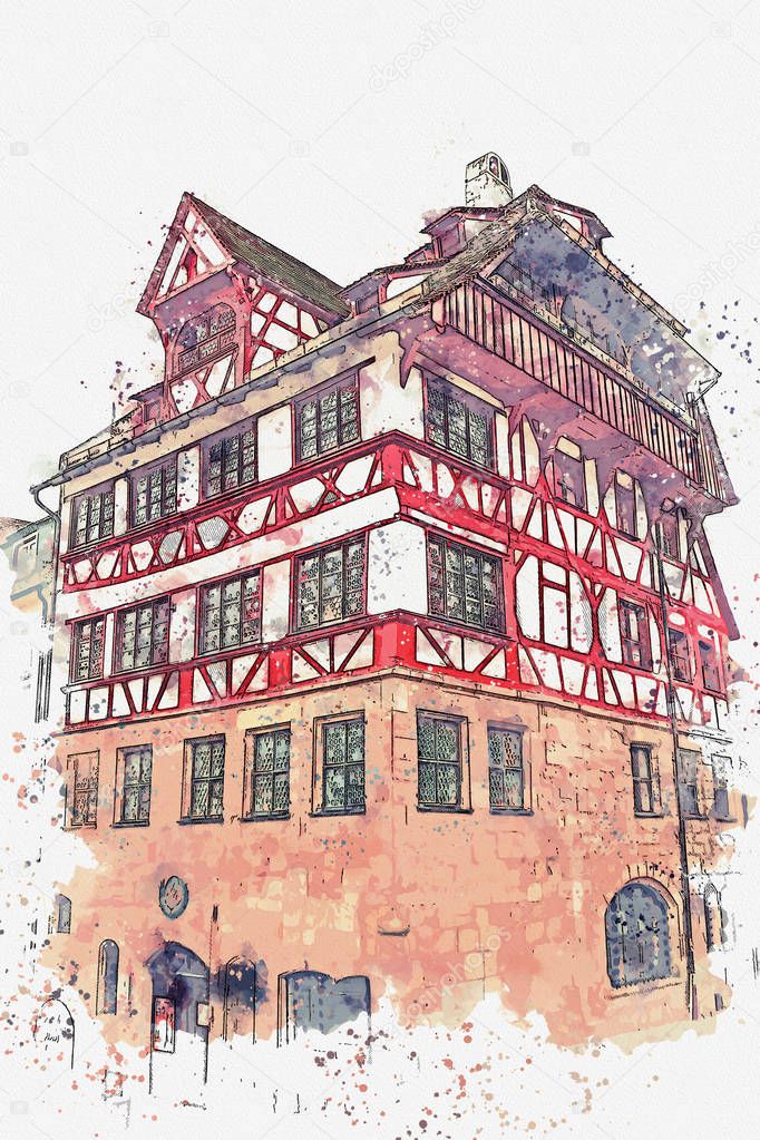 A watercolor sketch or an illustration of traditional German architecture in Nuremberg in Germany