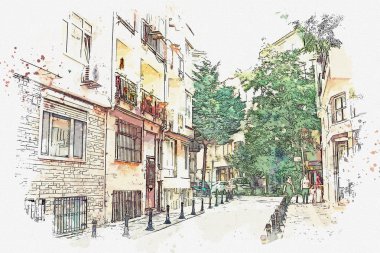 Bir suluboya kroki veya Istanbul'da geleneksel bir sokak gösterimi