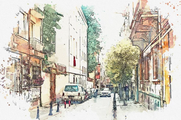 Egy akvarell Vázlat vagy ábra egy hagyományos Street, Isztambul — Stock Fotó