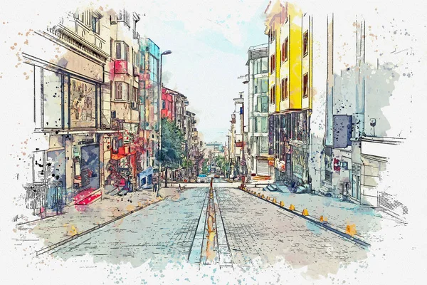 Un boceto de acuarela o ilustración de una calle tradicional en Estambul — Foto de Stock