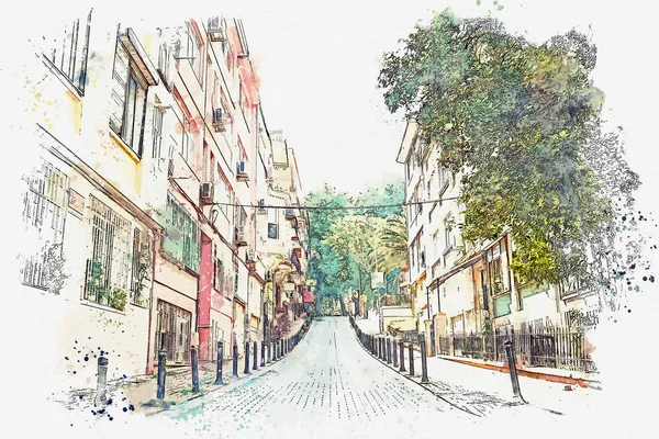 Szkic akwarela czy ilustracja tradycyjnej ulicy w mieście Stambuł — Zdjęcie stockowe