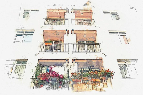 En akvarell skiss eller illustration av en traditionell Lägenhet hus i Istanbul — Stockfoto