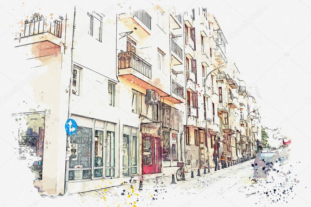 A watercolor sketch or illustration of a traditional street in Istanbul