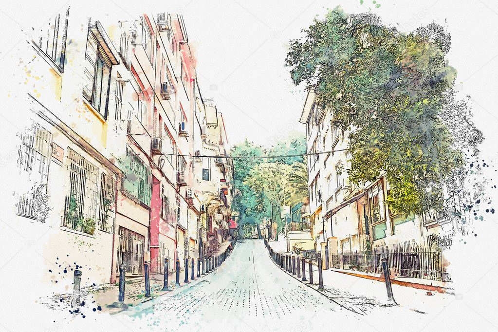A watercolor sketch or illustration of a traditional street in Istanbul