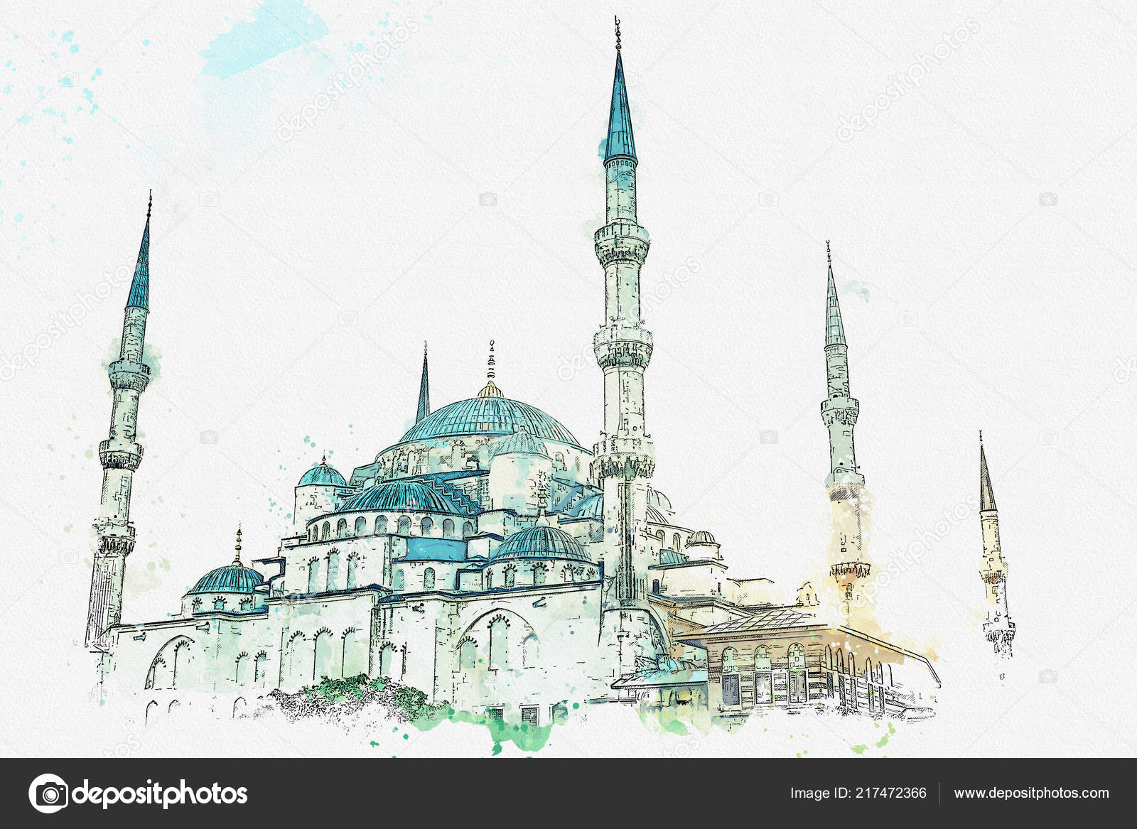 水彩スケッチやイラスト。イスタンブールの有名なブルーモスク