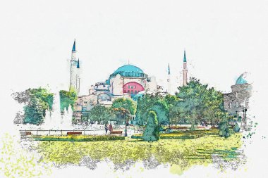 Bir suluboya kroki veya Aya Sofya Katedrali Istanbul'da güzel bir manzara resmi