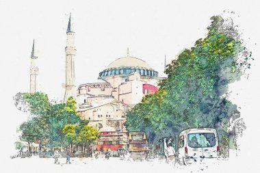 Bir suluboya kroki veya Aya Sofya Katedrali Sultanahmet Meydanı Istanbul, Türkiye'de güzel bir manzara resmi.