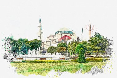 Bir suluboya kroki veya Aya Sofya Katedrali Istanbul'da güzel bir manzara resmi
