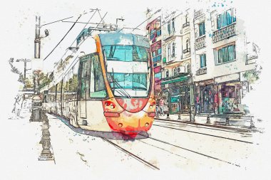 Suluboya bir kroki ya da geleneksel tramvay ya da yere trenle Istanbul'da bir çizimi