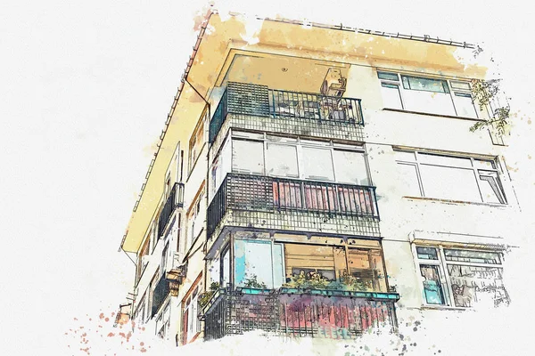 Un boceto de acuarela o ilustración de una casa de apartamentos tradicional en Estambul — Foto de Stock